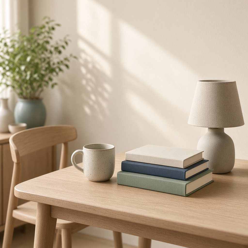 Books and a lamp on a home table for in-home lessons